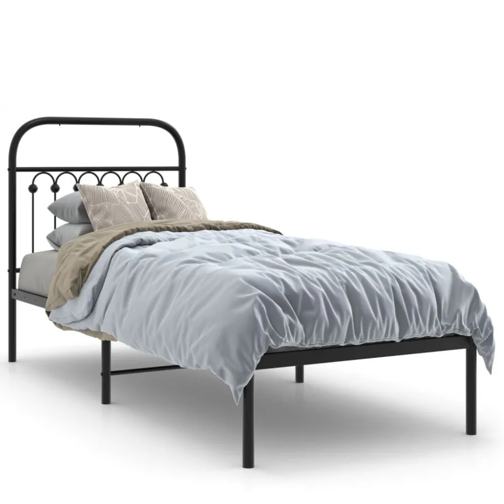 Bedframe met hoofdbord metaal zwart 75x190 cm