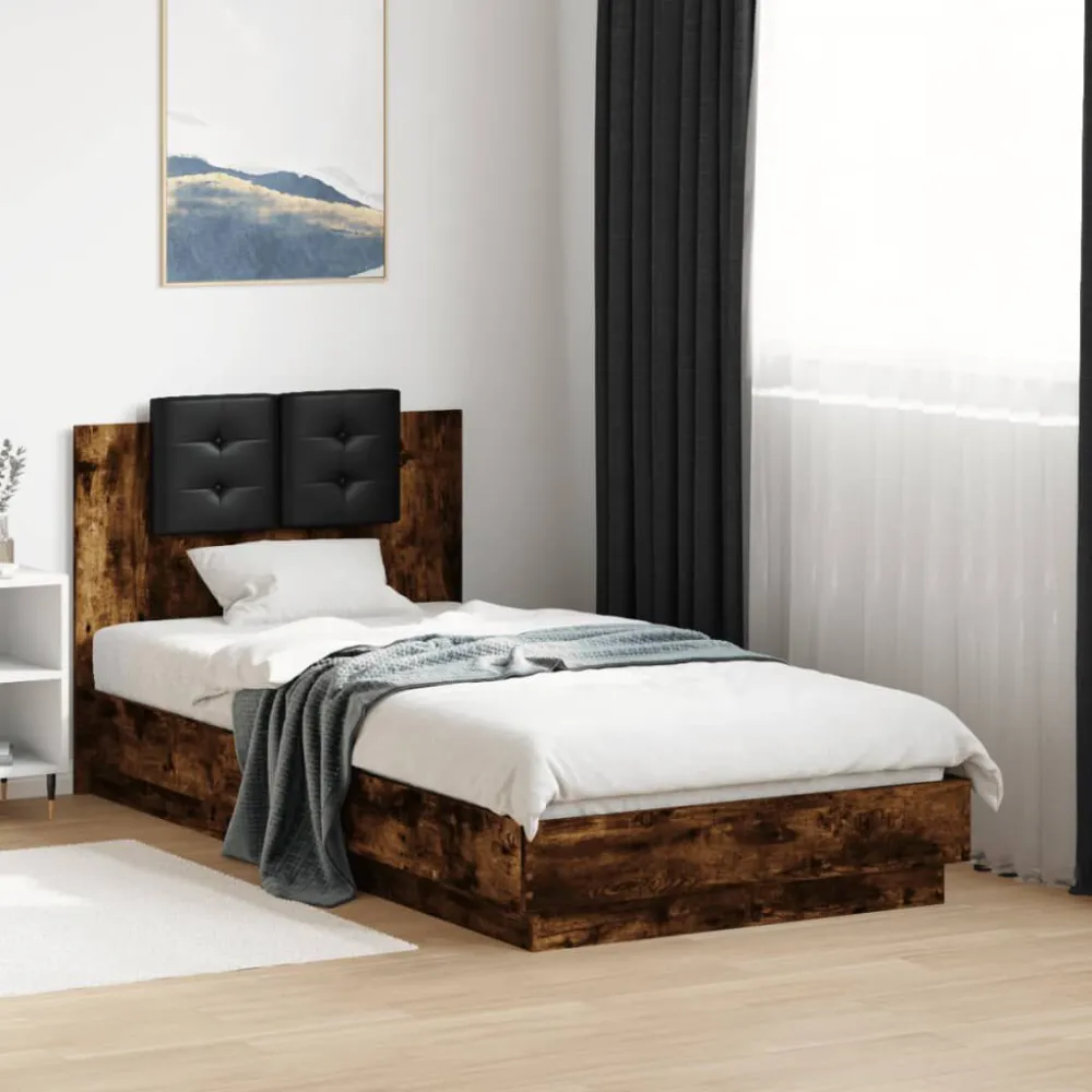 Bedframe met hoofdeinde bewerkt hout gerookt eiken 90x190 cm