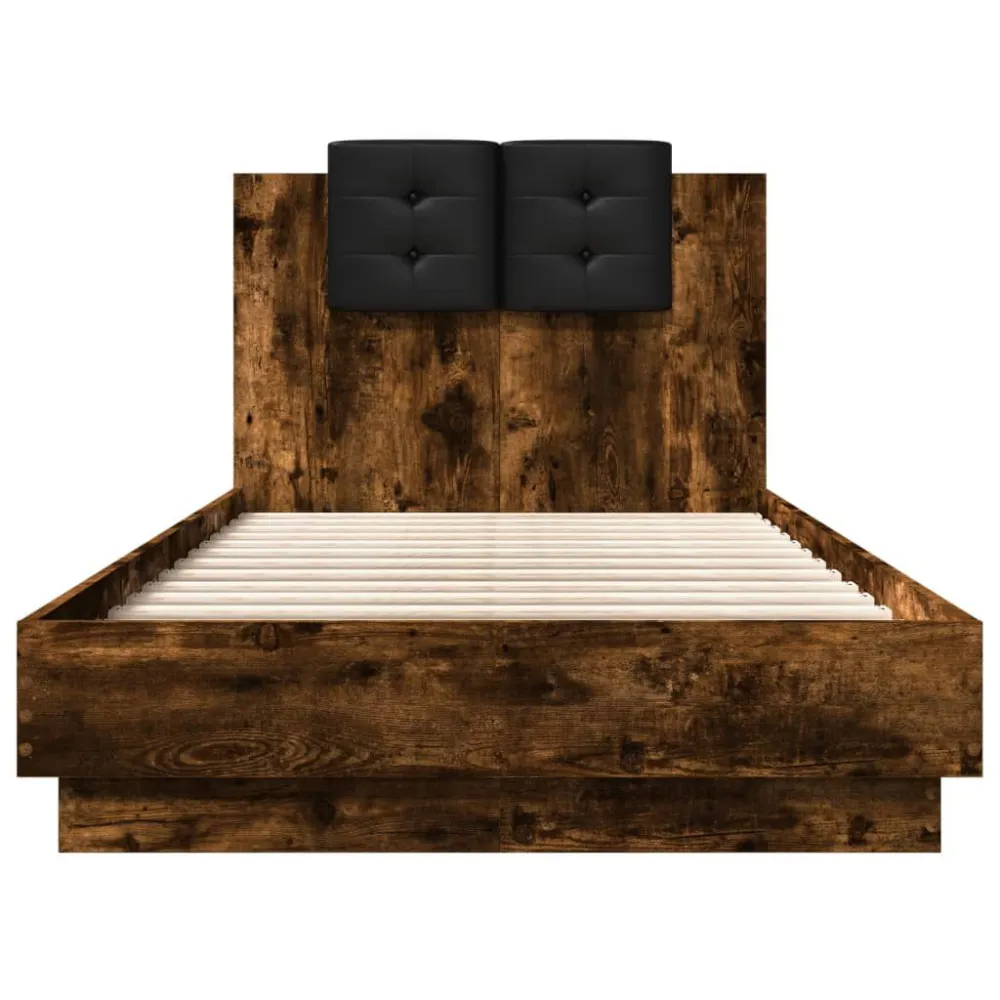 Bedframe met hoofdeinde bewerkt hout gerookt eiken 90x190 cm
