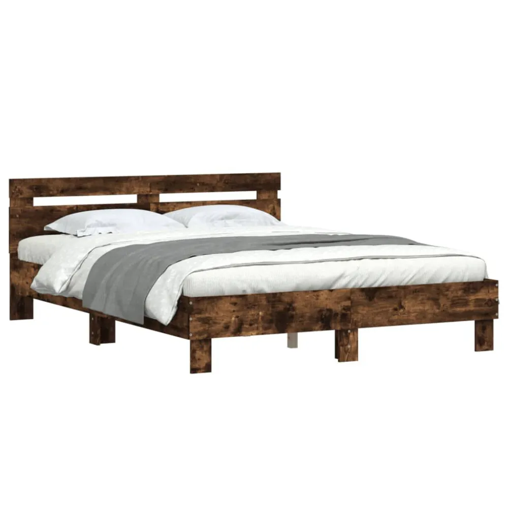 Bedframe met hoofdeinde bewerkt hout gerookt eiken 140x200 cm