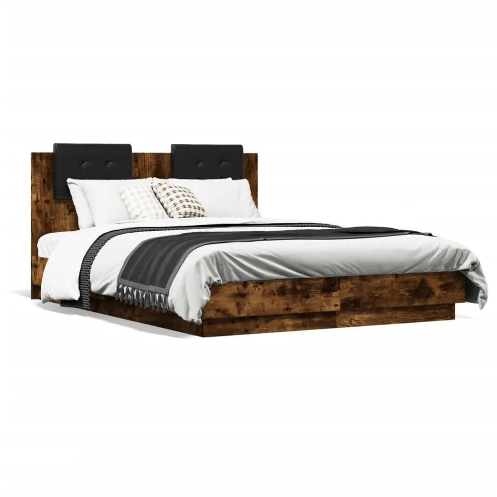 Bedframe met hoofdeinde bewerkt hout gerookt eiken 135x190 cm