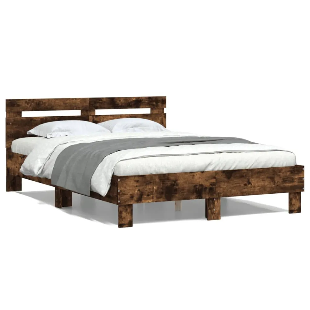 Bedframe met hoofdeinde bewerkt hout gerookt eiken 135x190 cm