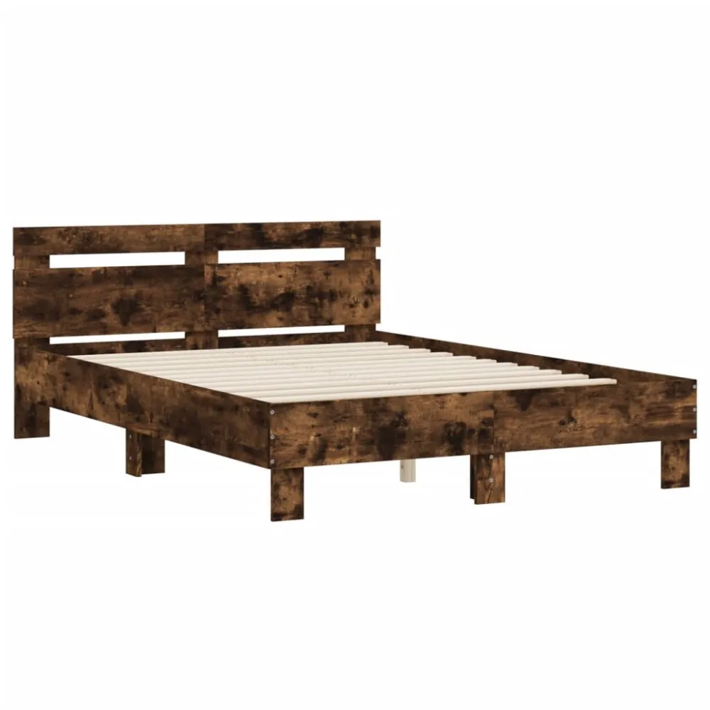 Bedframe met hoofdeinde bewerkt hout gerookt eiken 135x190 cm