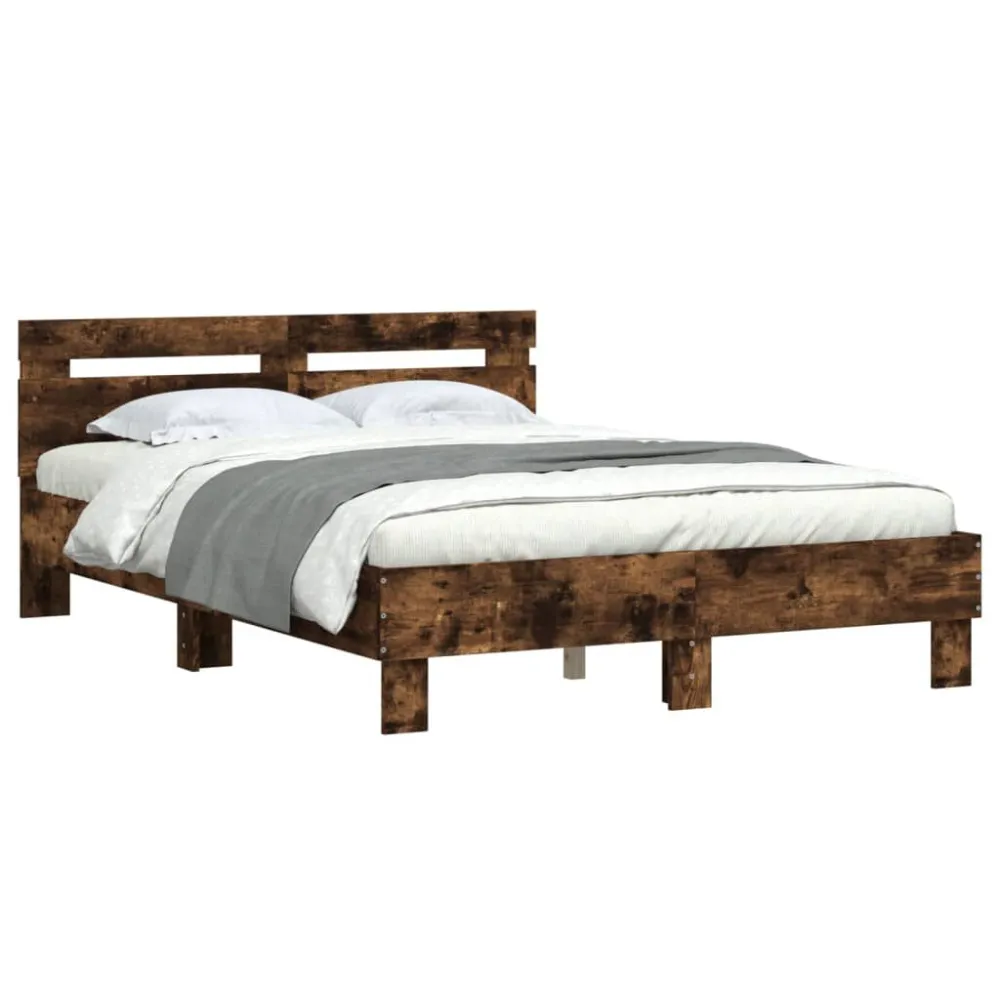 Bedframe met hoofdeinde bewerkt hout gerookt eiken 135x190 cm