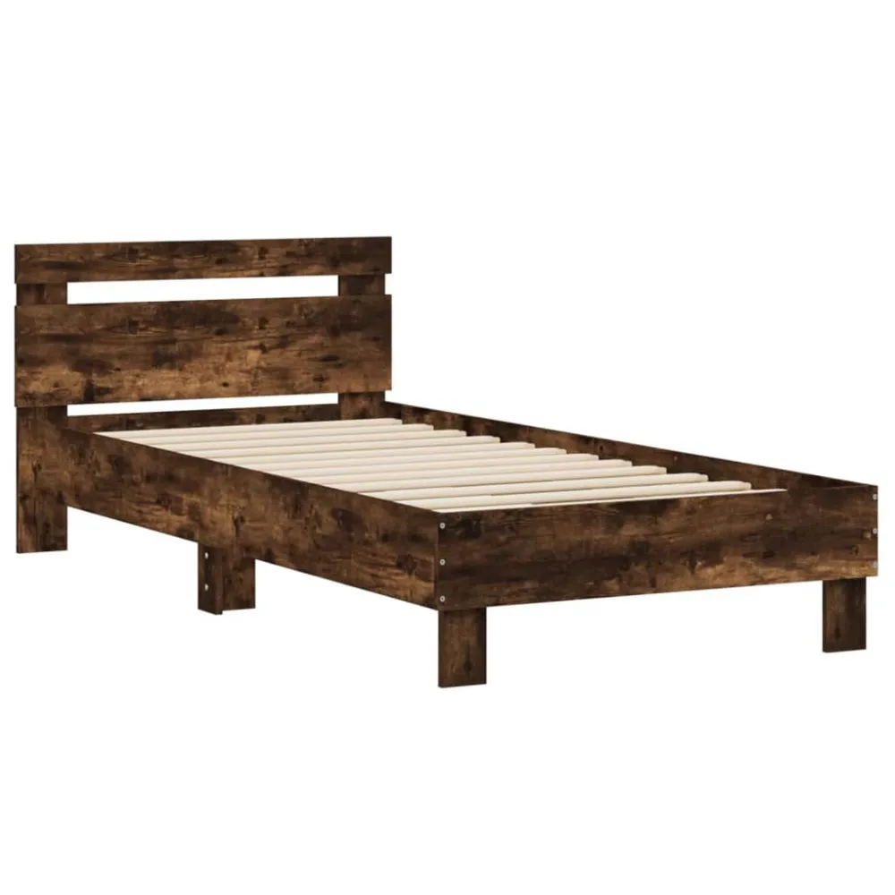 Bedframe met hoofdeinde bewerkt hout gerookt eiken 90x190 cm