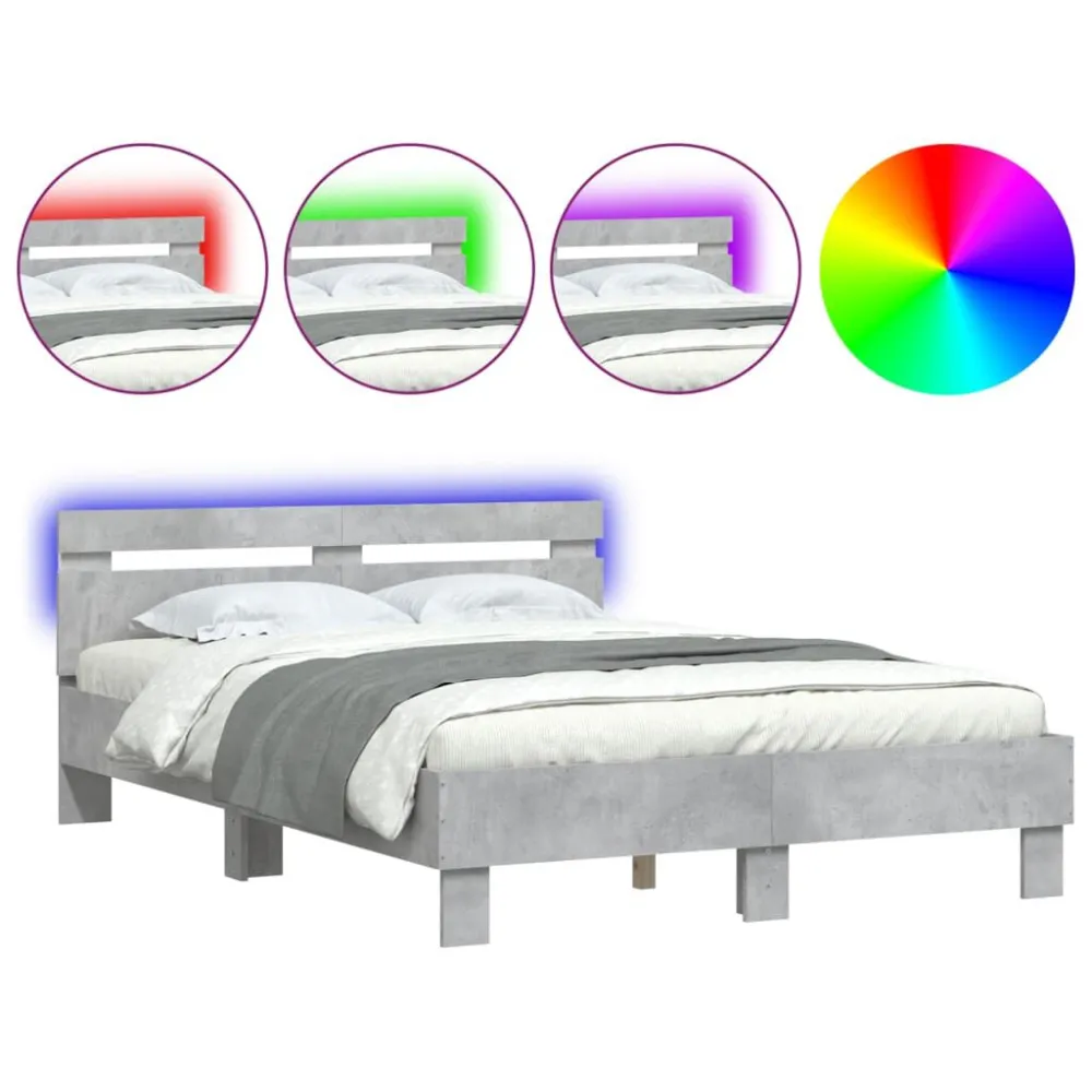 Bedframe met hoofdeinde en LED betongrijs 135x190 cm