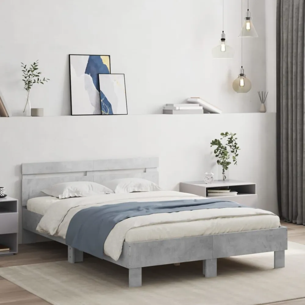 Bedframe met hoofdeinde en LED betongrijs 135x190 cm