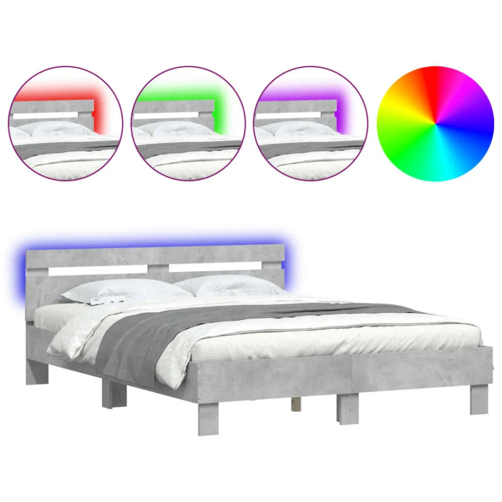 Bedframe met hoofdeinde en LED betongrijs 150x200 cm