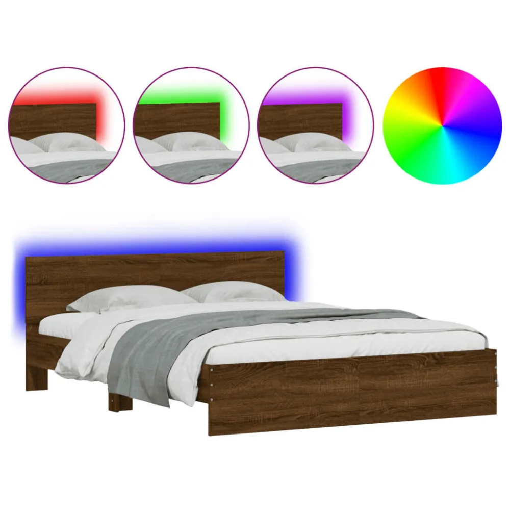 Bedframe met hoofdeinde en LED bruin eikenkleur 160x200 cm