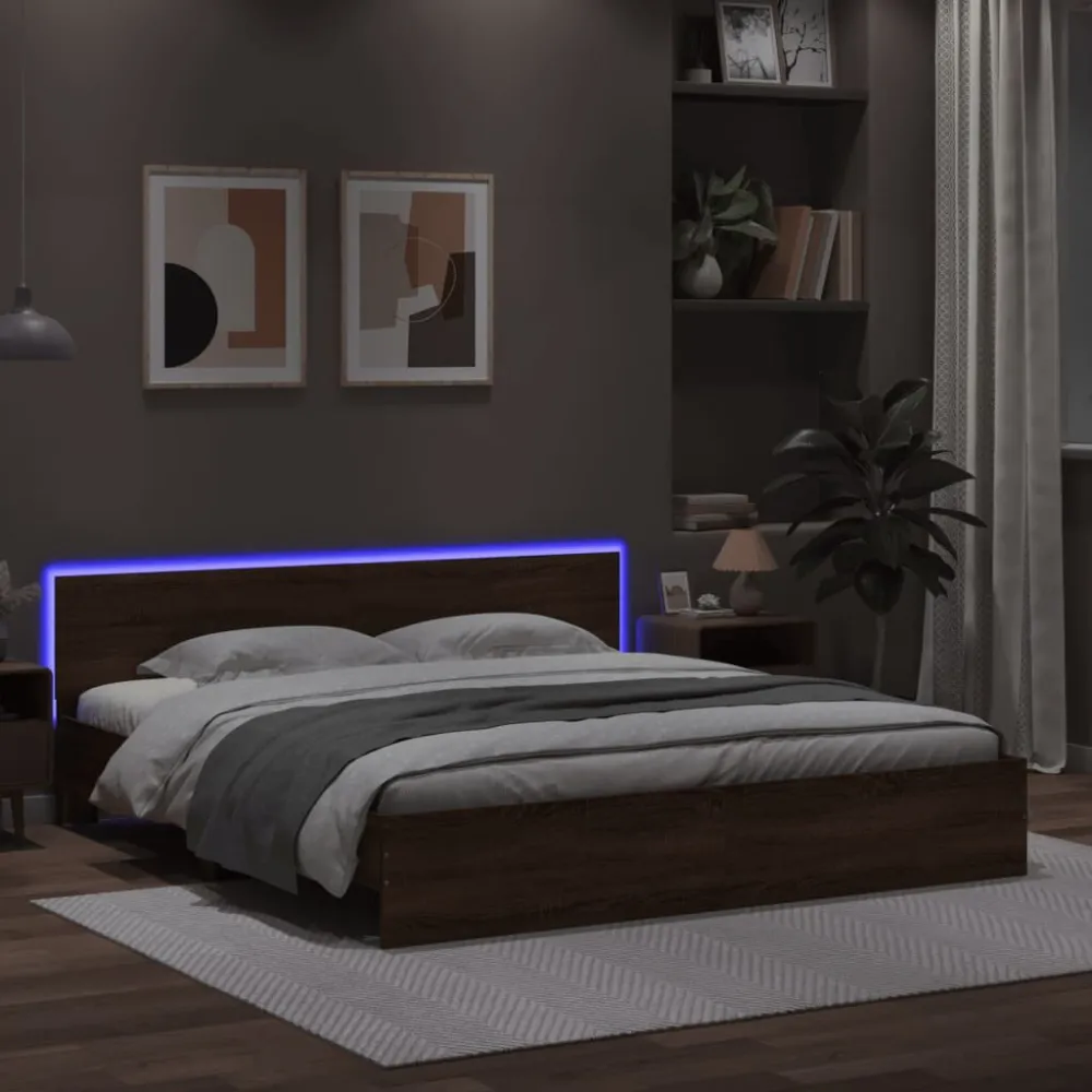 Bedframe met hoofdeinde en LED bruin eikenkleur 180x200 cm