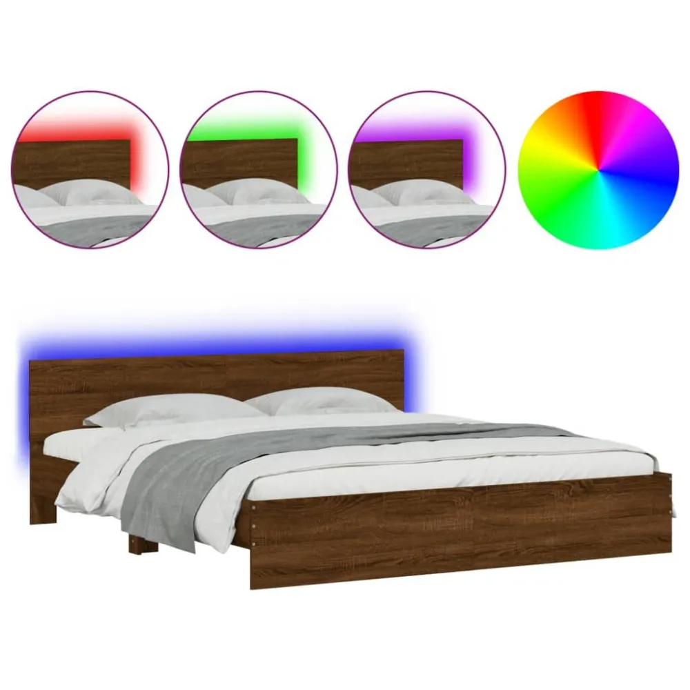 Bedframe met hoofdeinde en LED bruin eikenkleur 200x200 cm