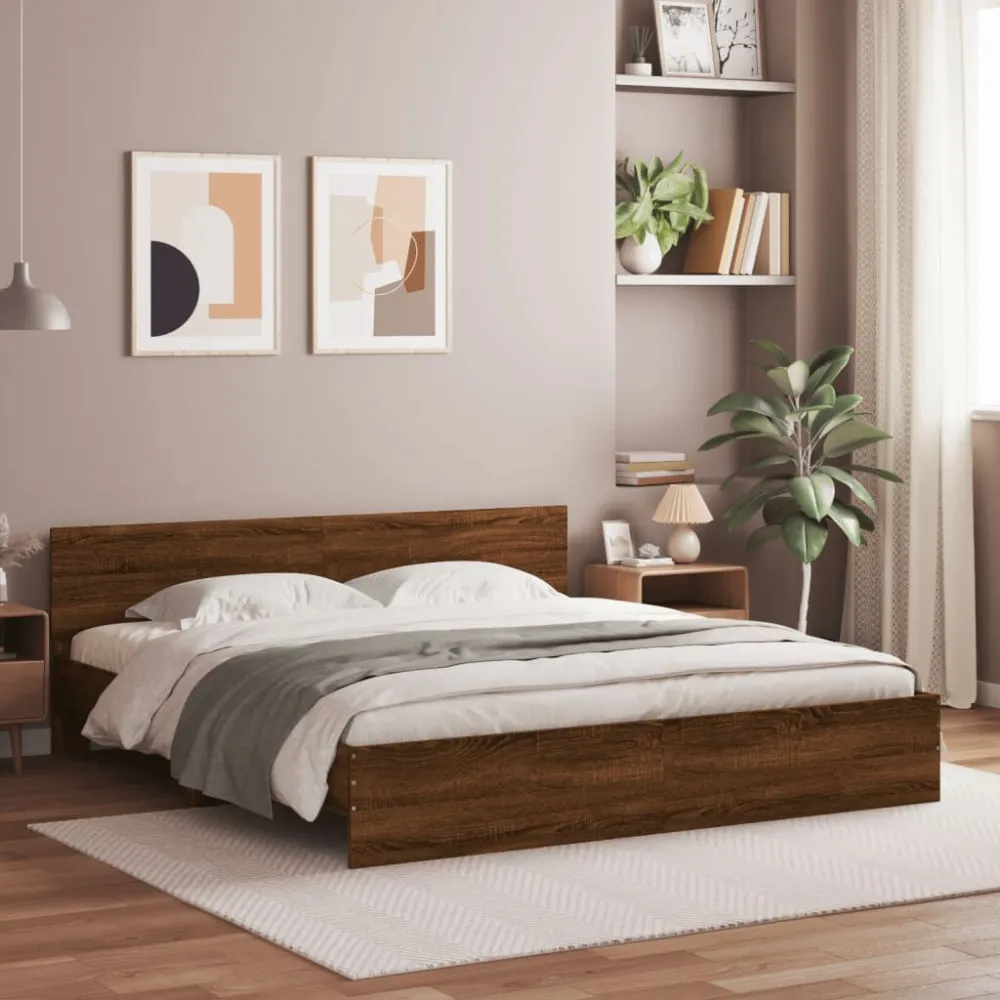 Bedframe met hoofdeinde en LED bruin eikenkleur 200x200 cm