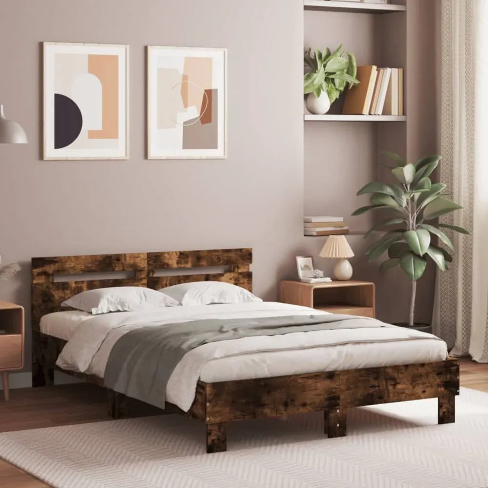 Bedframe met hoofdeinde en LED gerookt eikenkleurig 120x200 cm