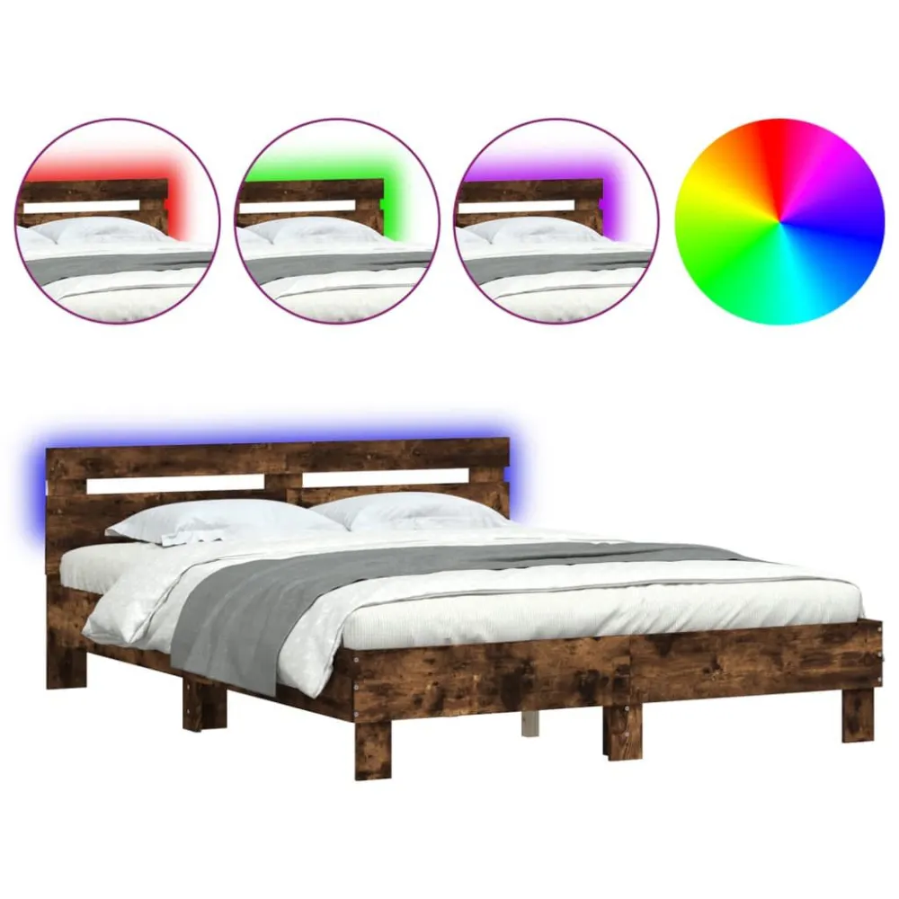 Bedframe met hoofdeinde en LED gerookt eikenkleurig 140x190 cm