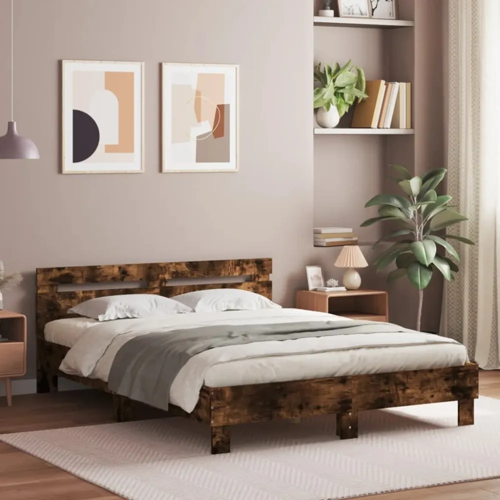 Bedframe met hoofdeinde en LED gerookt eikenkleurig 150x200 cm