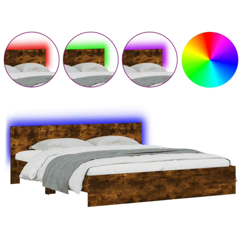 Bedframe met hoofdeinde en LED gerookt eikenkleurig 180x200 cm