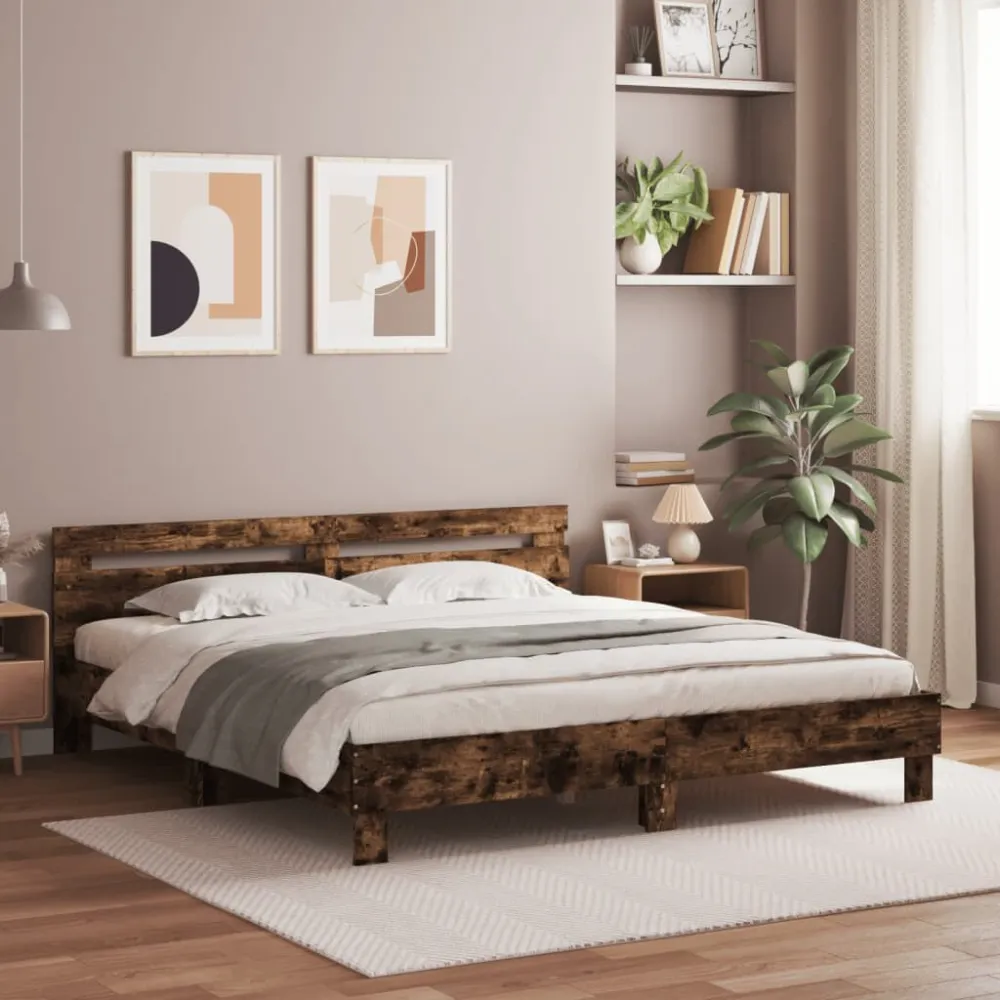 Bedframe met hoofdeinde en LED gerookt eikenkleurig 180x200 cm