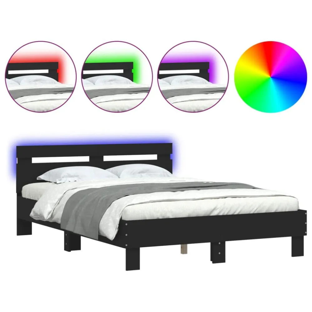 Bedframe met hoofdeinde en LED zwart 135x190 cm