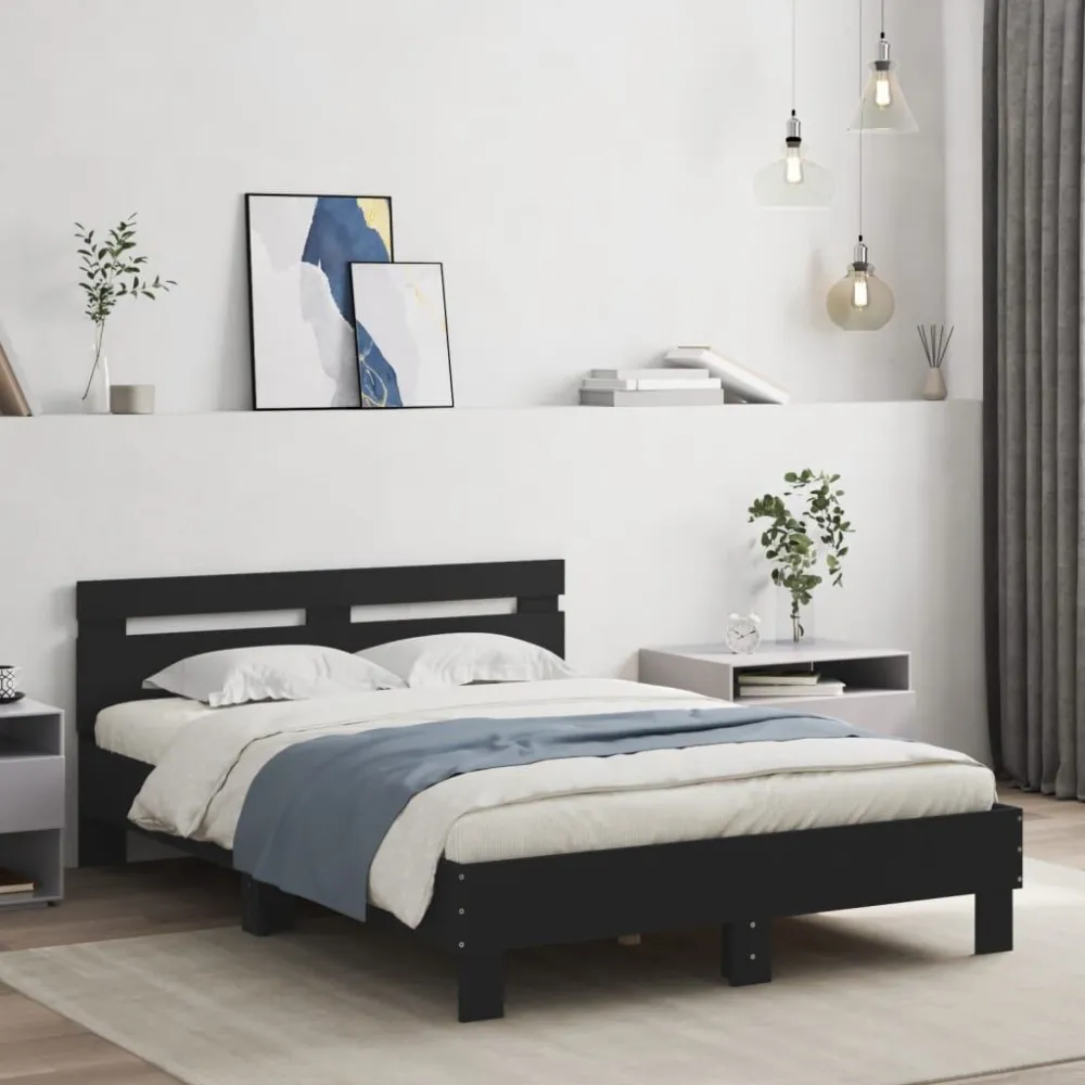 Bedframe met hoofdeinde en LED zwart 135x190 cm