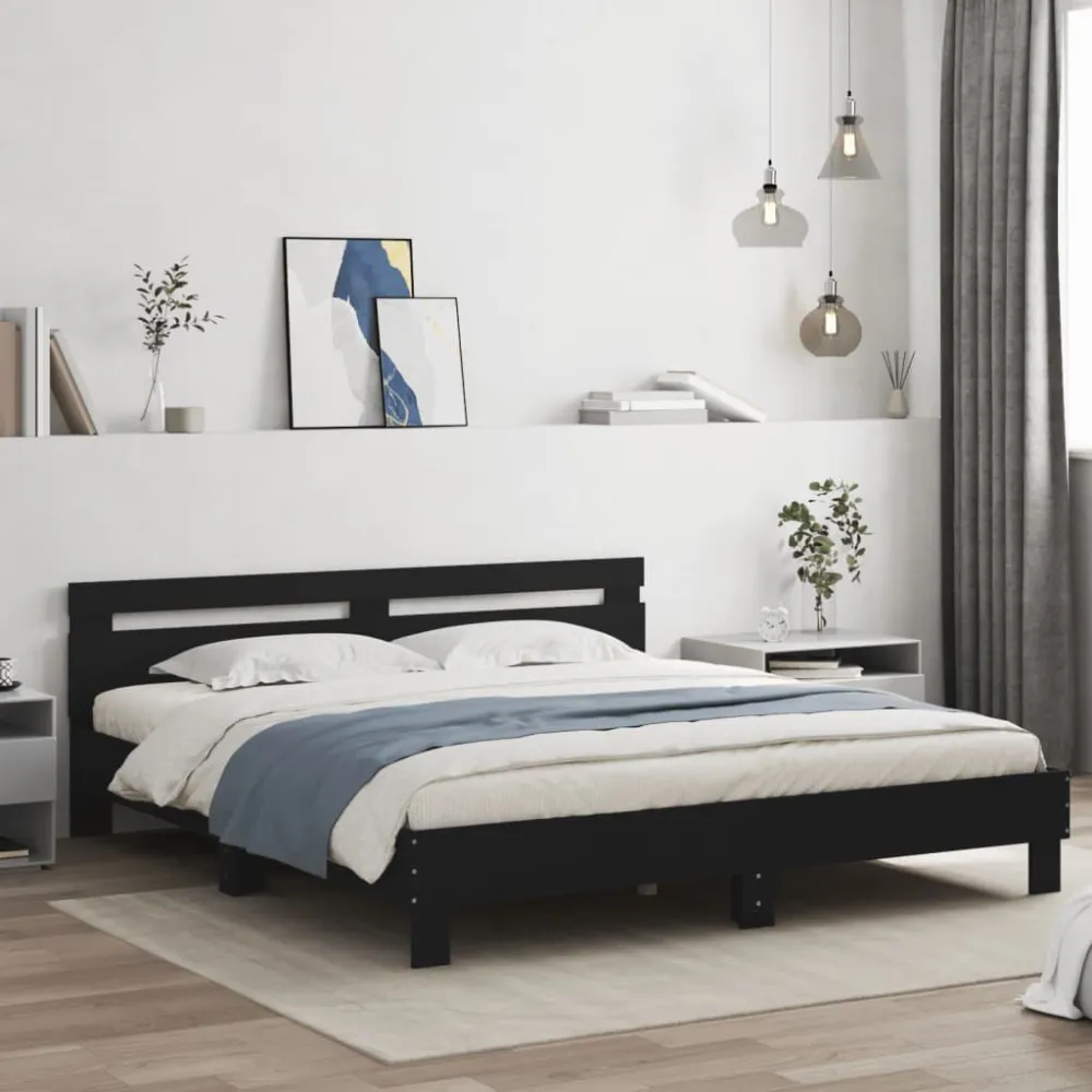 Bedframe met hoofdeinde en LED-verlichting zwart 200x200 cm