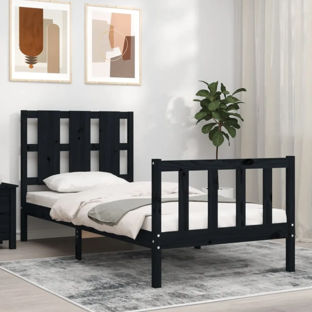 Bedframe met hoofdeinde massief hout zwart 90x190 cm