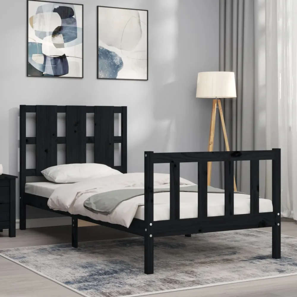 Bedframe met hoofdeinde massief hout zwart 90x190 cm