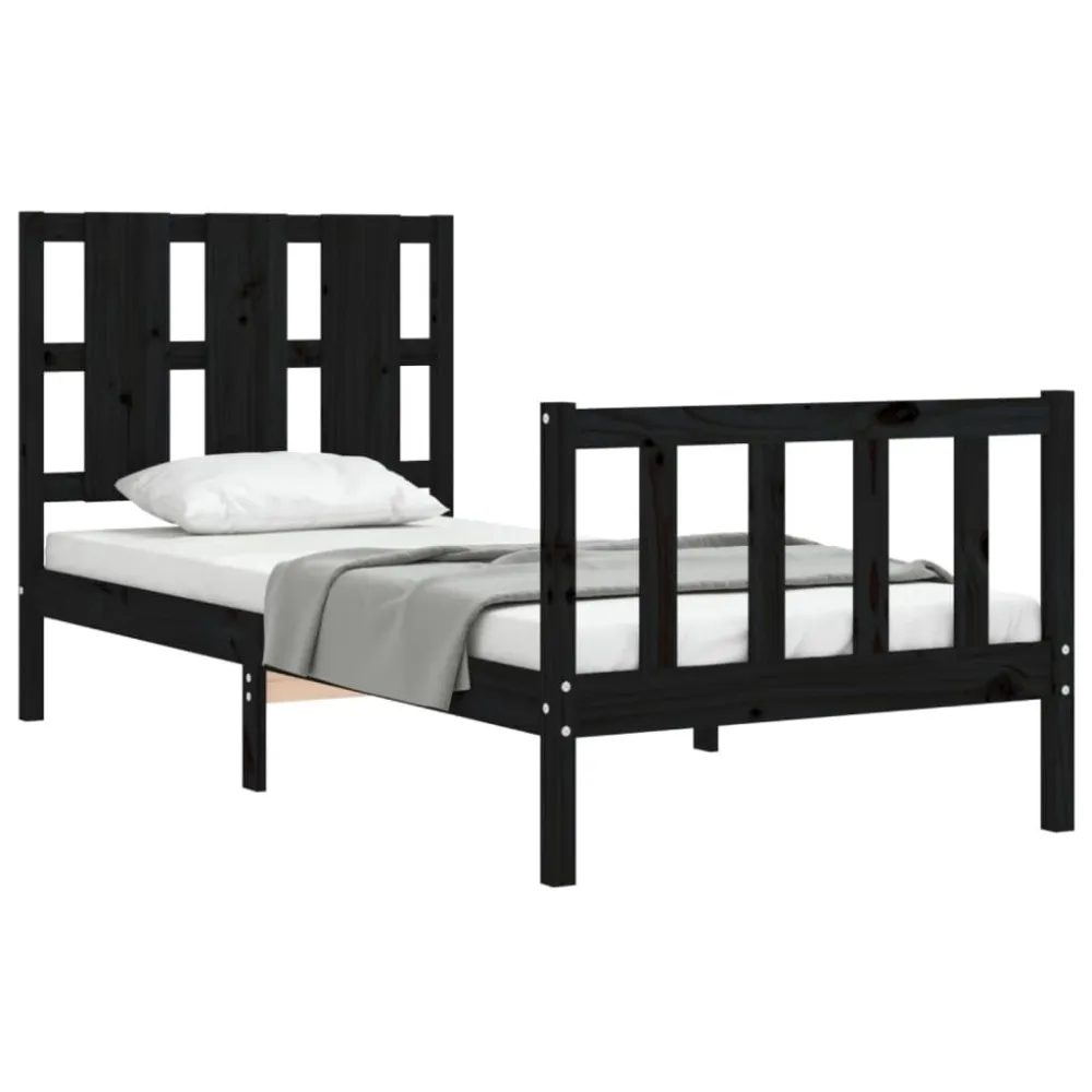 Bedframe met hoofdeinde massief hout zwart 90x190 cm
