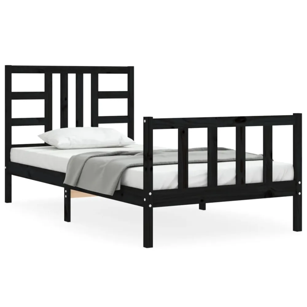 Bedframe met hoofdeinde massief hout zwart 90x190 cm