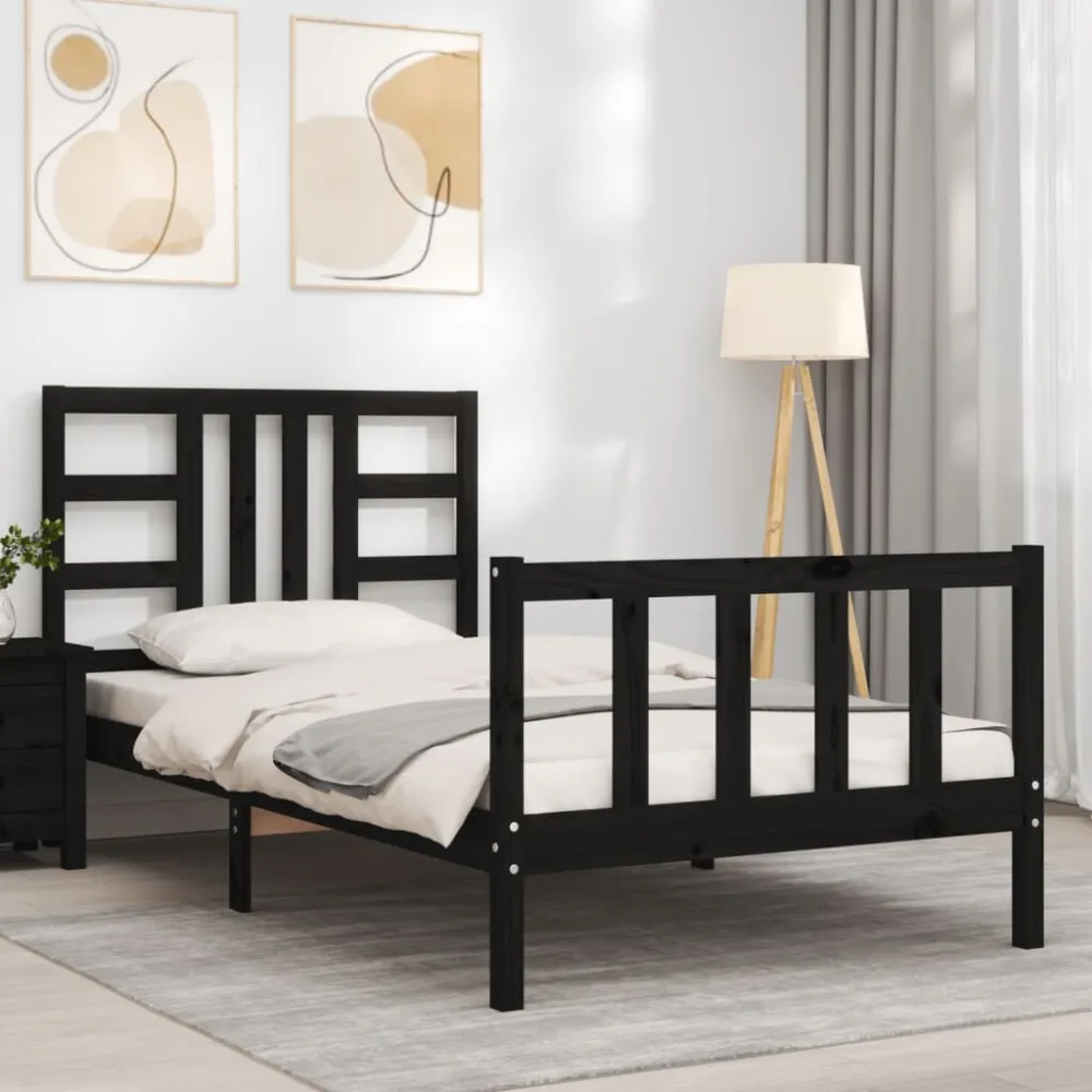 Bedframe met hoofdeinde massief hout zwart 90x190 cm