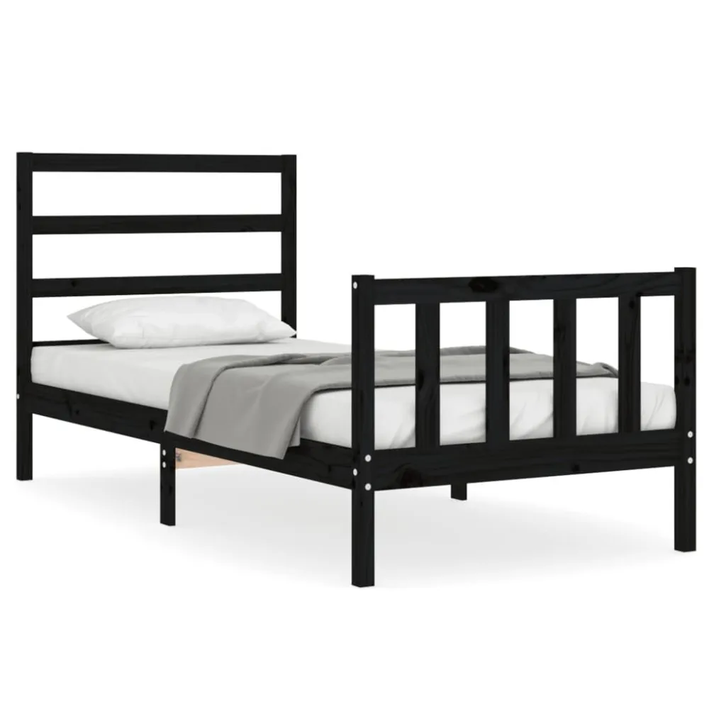 Bedframe met hoofdeinde massief hout zwart 90x190 cm