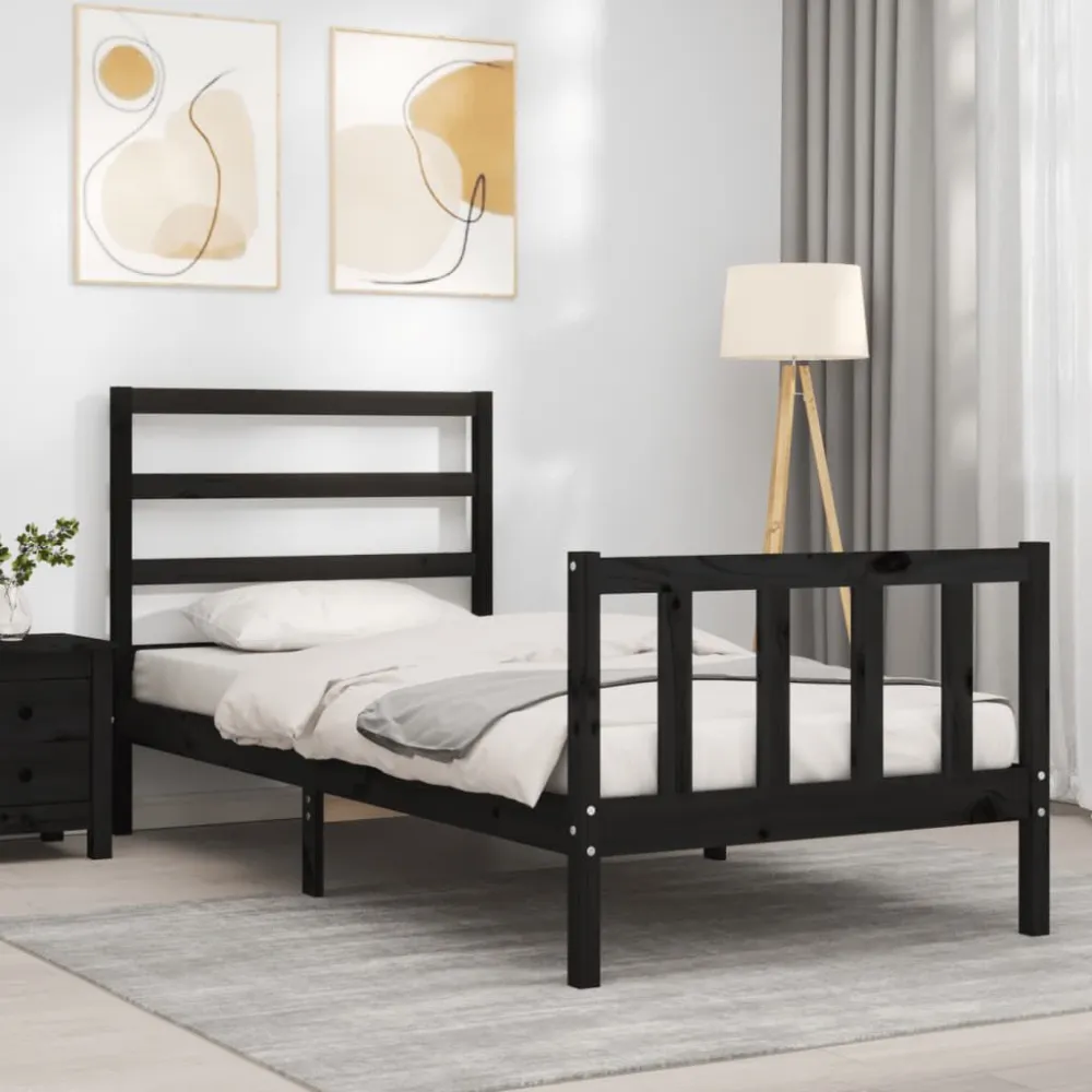 Bedframe met hoofdeinde massief hout zwart 90x190 cm