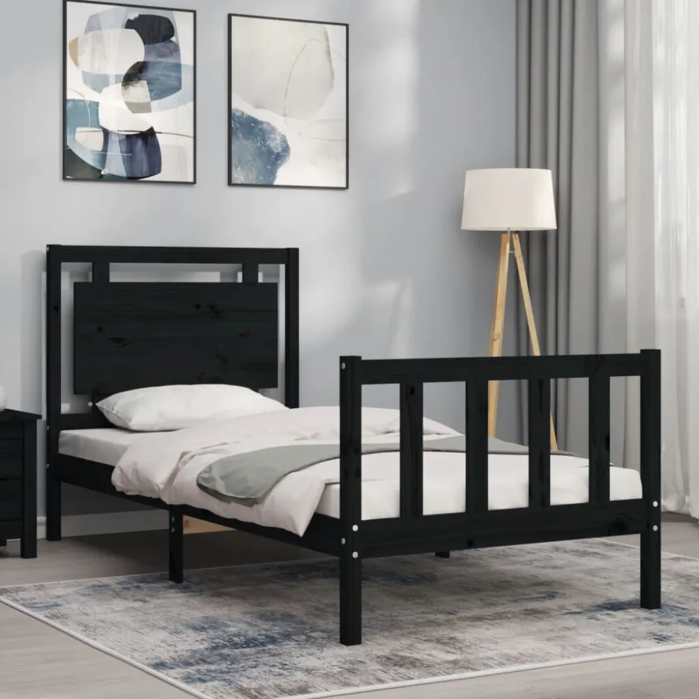 Bedframe met hoofdeinde massief hout zwart 90x190 cm