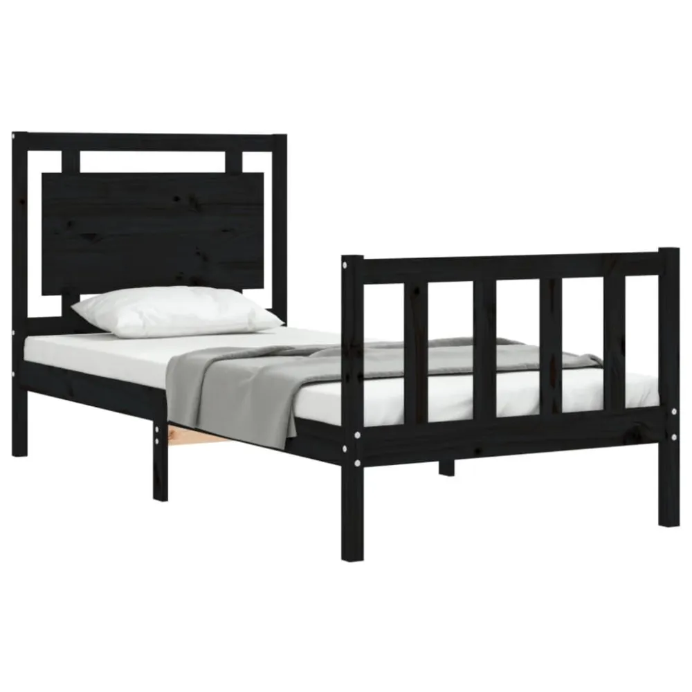 Bedframe met hoofdeinde massief hout zwart 90x190 cm