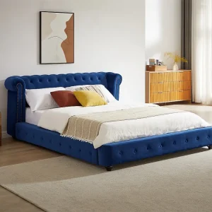 Chesterfieldbed 160 x 200 cm van koningsblauw velours - TONGERLA