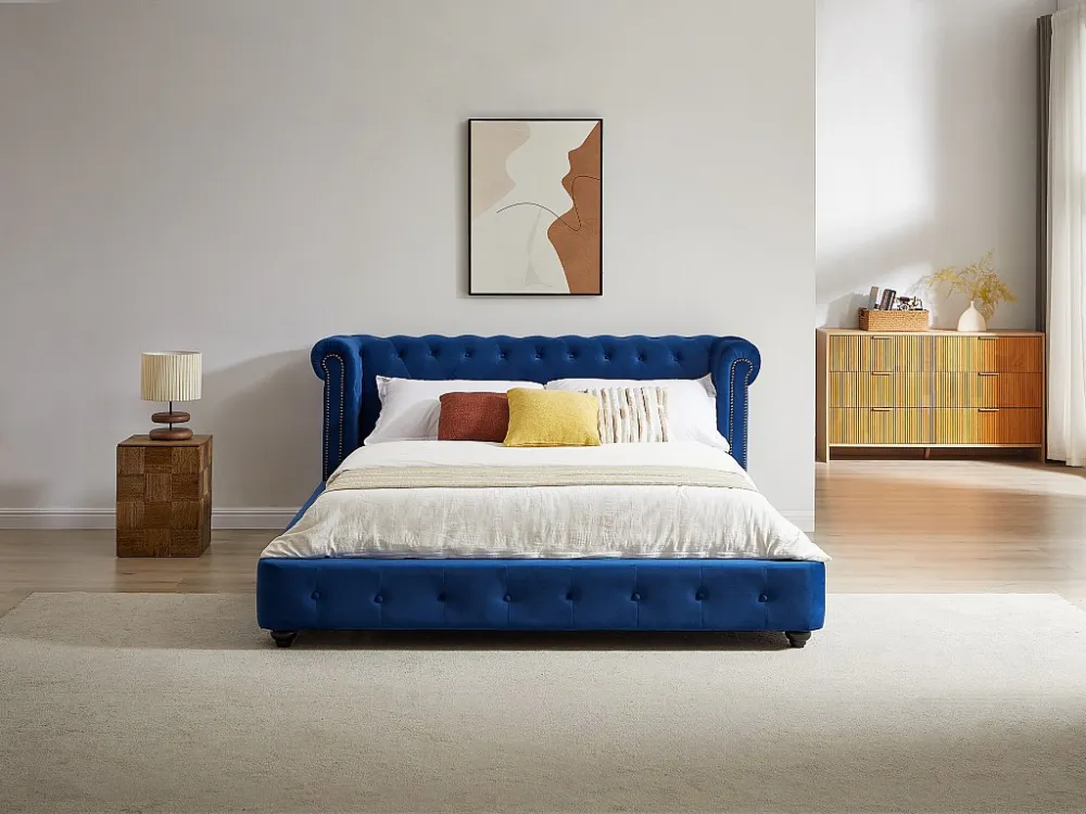 Chesterfieldbed 180 x 200 cm van koningsblauw velours - TONGERLA