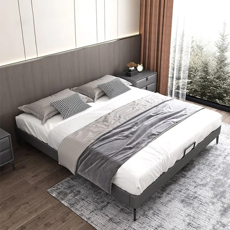 Contemporary Panel Bed Faux Van leer and Wood Platform Bed Frame Dark Grey