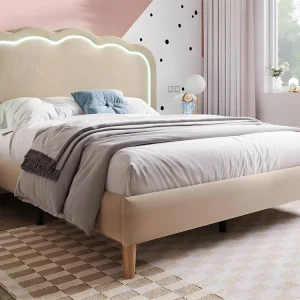 Eenpersoons gestoffeerd bed 140x200cm met LED en verstelbaar hoofdeinde - lattenbodem - Lichtbruin