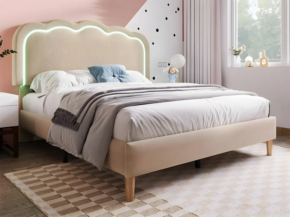 Eenpersoons gestoffeerd bed 140x200cm met LED en verstelbaar hoofdeinde - lattenbodem - Lichtbruin