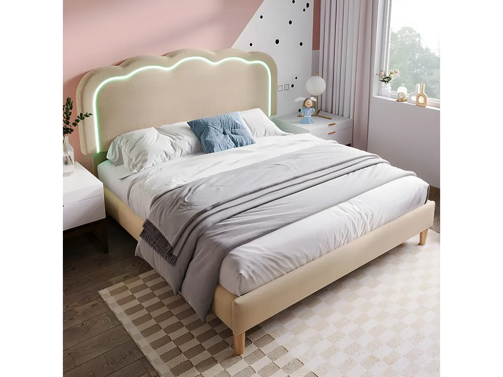 Eenpersoons gestoffeerd bed 140x200cm met LED en verstelbaar hoofdeinde - lattenbodem - Lichtbruin
