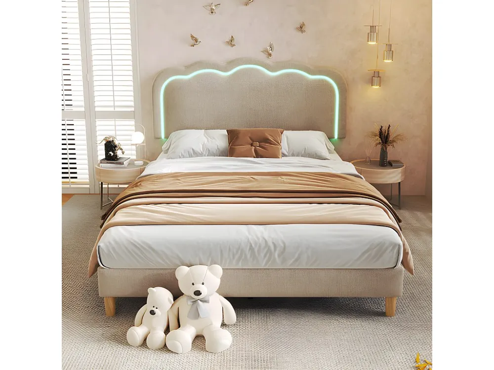 Eenpersoons gestoffeerd bed 140x200cm met LED en verstelbaar hoofdeinde - lattenbodem - Lichtbruin