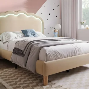 Eenpersoons gestoffeerd bed 90x190cm met LED en verstelbaar hoofdeinde - lattenbodem - Ecru