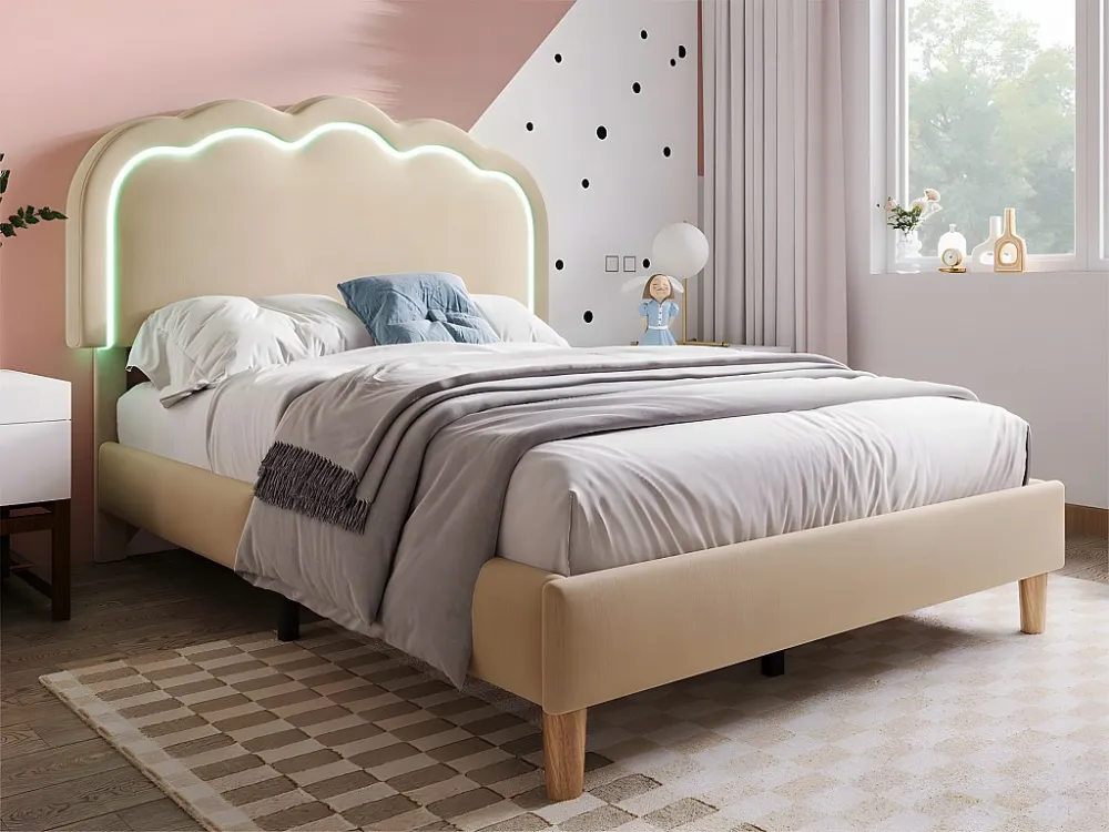Eenpersoons gestoffeerd bed 90x190cm met LED en verstelbaar hoofdeinde - lattenbodem - Ecru