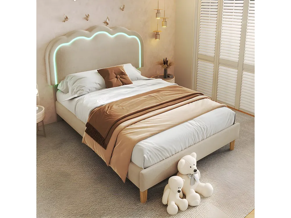 Eenpersoons gestoffeerd bed 90x190cm met LED en verstelbaar hoofdeinde - lattenbodem - Ecru