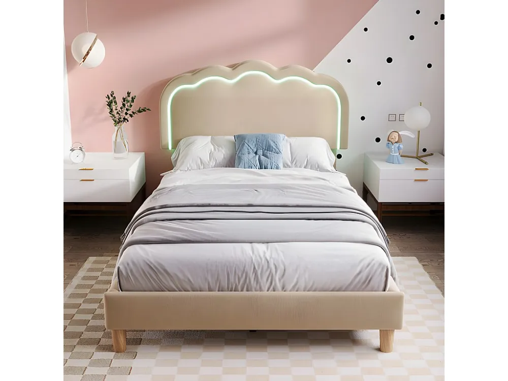 Eenpersoons gestoffeerd bed 90x190cm met LED en verstelbaar hoofdeinde - lattenbodem - Ecru