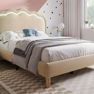 Eenpersoons gestoffeerd bed 90x200cm met LED en verstelbaar hoofdeinde - lattenbodem - Lichtbruin