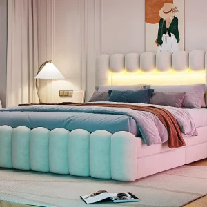 Fluweel gestoffeerd bed - 160x200cm - 4 lades + LED + Oplaadpoorten + Lezer - Ecru
