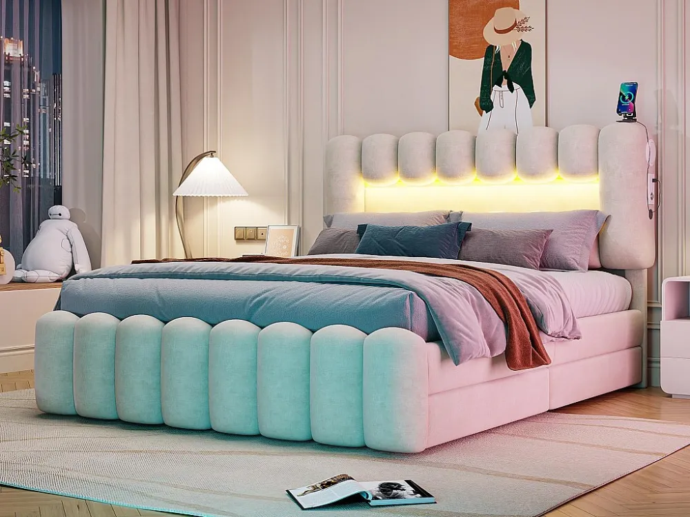 Fluweel gestoffeerd bed - 160x200cm - 4 lades + LED + Oplaadpoorten + Lezer - Ecru