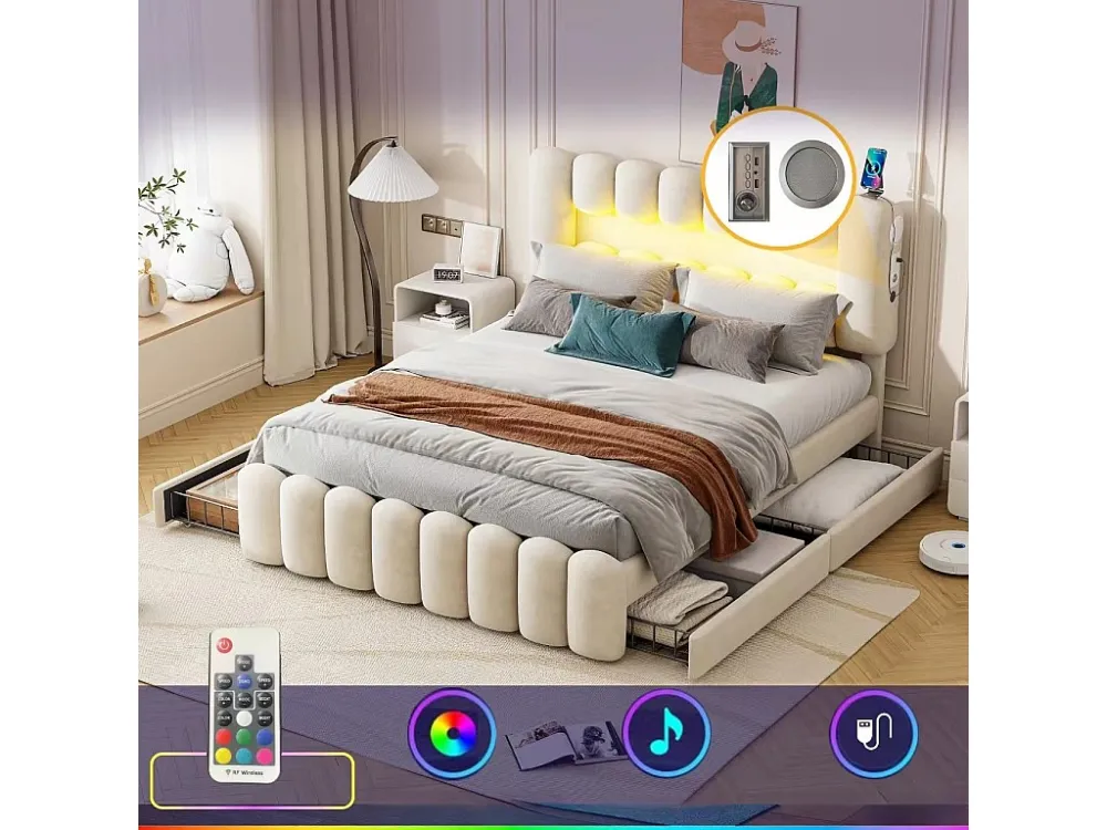 Fluweel gestoffeerd bed - 160x200cm - 4 lades + LED + Oplaadpoorten + Lezer - Ecru