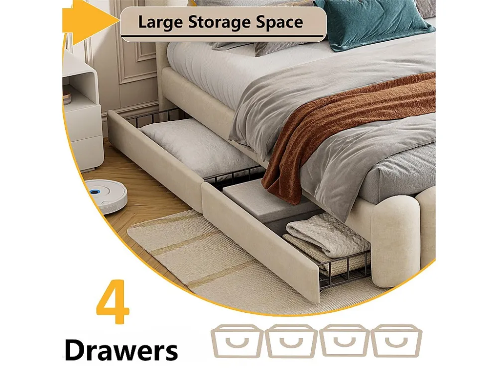 Fluweel gestoffeerd bed - 160x200cm - 4 lades + LED + Oplaadpoorten + Lezer - Ecru