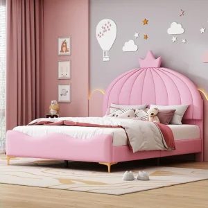 Gestoffeerd bed 140 x 200 cm - Kunstleer en metaal - Kroonvormig hoofdeinde - Roze kleur